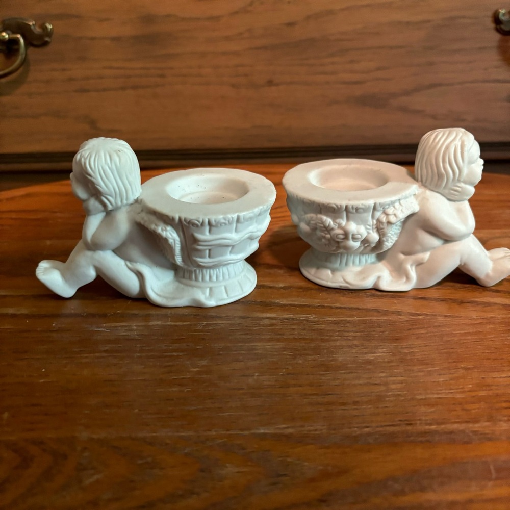 Sitting Angels Cherubs Off White candle stick holders Set of 2